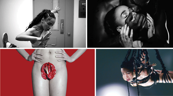 Still from Video Girl, directed by Kahill Joseph; Still from Papi Pacify video, co-directed by twigs and Tom Beard, which features provocative imagery of a man appearing to choke the singer; Still from the video for Pendulum, directed by FKA twigs. The imagery in the video references the Japanese bondage style shibari; Still from the video for Hide, one of four films created with Grace Ladoja