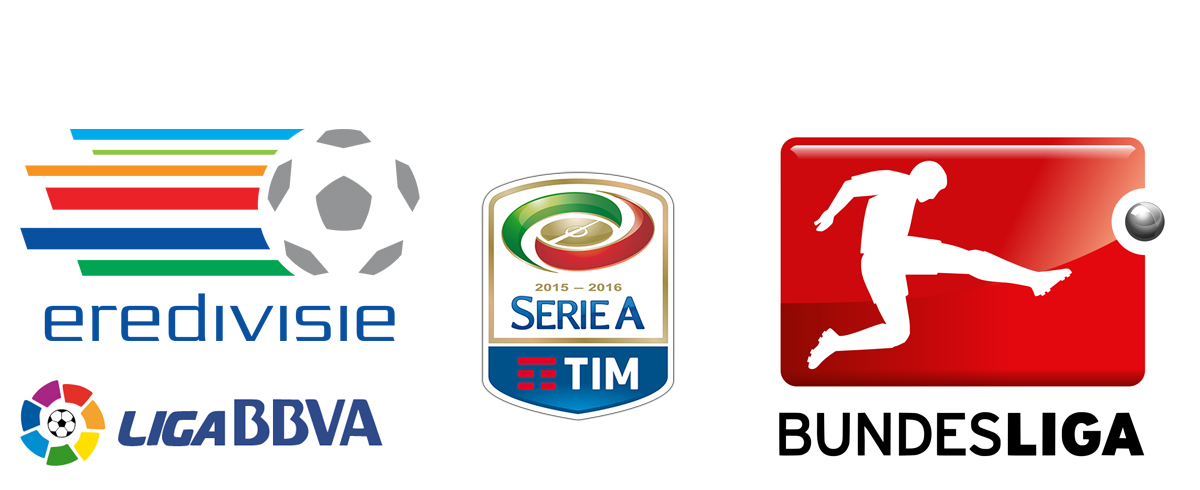 Logos for, clockwise from bottom left, La Liga (Spain), the Eredivisie (Netherlands), Serie A (Italy) and the Bundesliga (Germany)