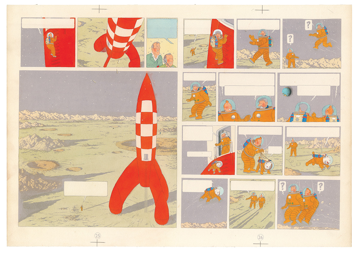 Blue colouring for sheets 25 and 26 of Les Aventures de Tintin – On a marché sur la Lune, 1954 (watercolour and gouache applied on printed proof).