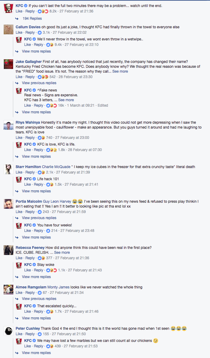 Reactions to the video (shown top) posted on KFC's Facebook page