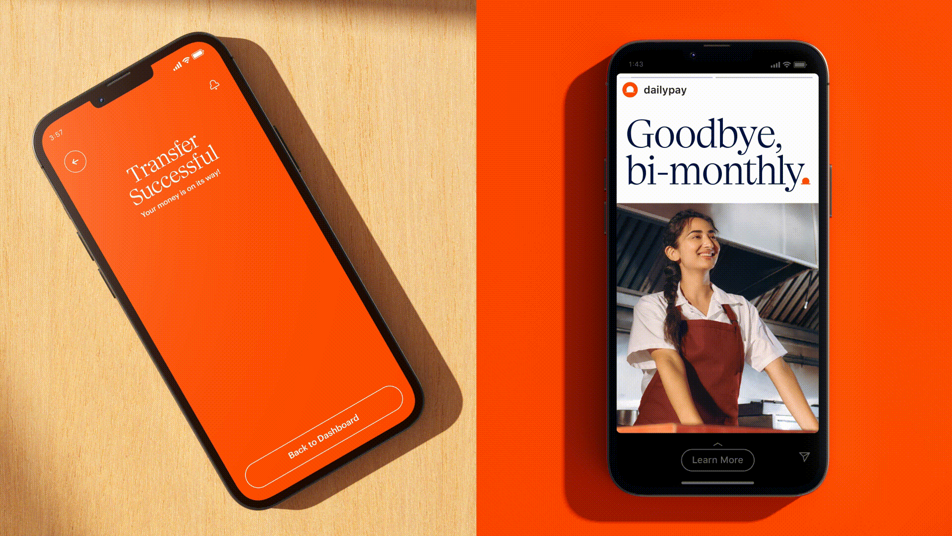 Two images of a mobile phone featuring DailyPay branding by Wolff Olins
