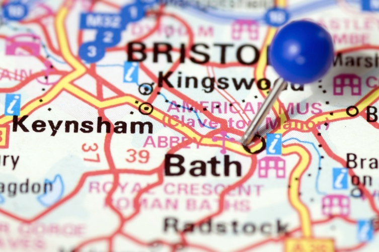 Bath, UK, Thumbtack in map. Travel destination