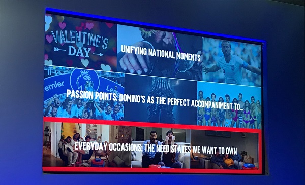 Photo of a presentation slide showing Domino's three layers of digital: Unifying national moments, passion points, and everyday occasions.